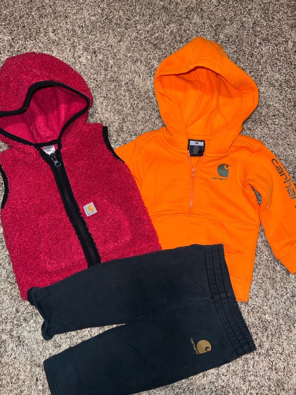 Carhartt Baby Bundle Red Sherpa Hooded Vest Orange Zip Hoodie Black Pants 9/12 M